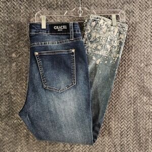 GRACE In LA Womens Jeans High Waist Blue Wash Denim Embellished Hem Size 30